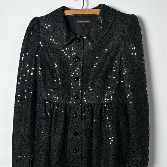 Betsey Johnson Vintage Black Sequin Button Front Coat Jacket Womens 8 Holiday - Picture 2 of 6